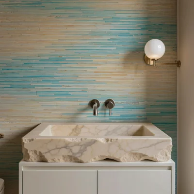 Blue ombre linear mosaic tile vanity wall with slim horizontal tiles, blending beige and aqua tones in a modern bathroom setting.