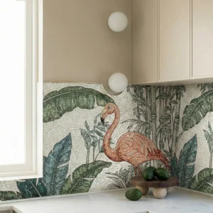 Flamingo mosaic kitchen backsplash with tropical leaves and palm details, paired with light cabinets and a stone countertop for a fresh design.