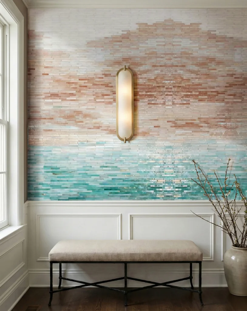 Entryway bench under a vertical wall sconce, with blush-to-aqua gradient mosaic tiles above white wainscoting and a vase.