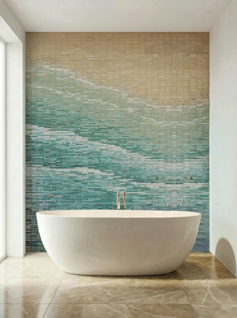 Ombre mosaic bathroom wall with beige to aqua gradient tiles behind a freestanding white bathtub in a modern spa-style interior.