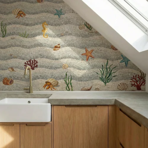 Coastal mosaic backsplash with starfish, seahorse, shells, and wave patterns in a light kitchen with wood cabinets.