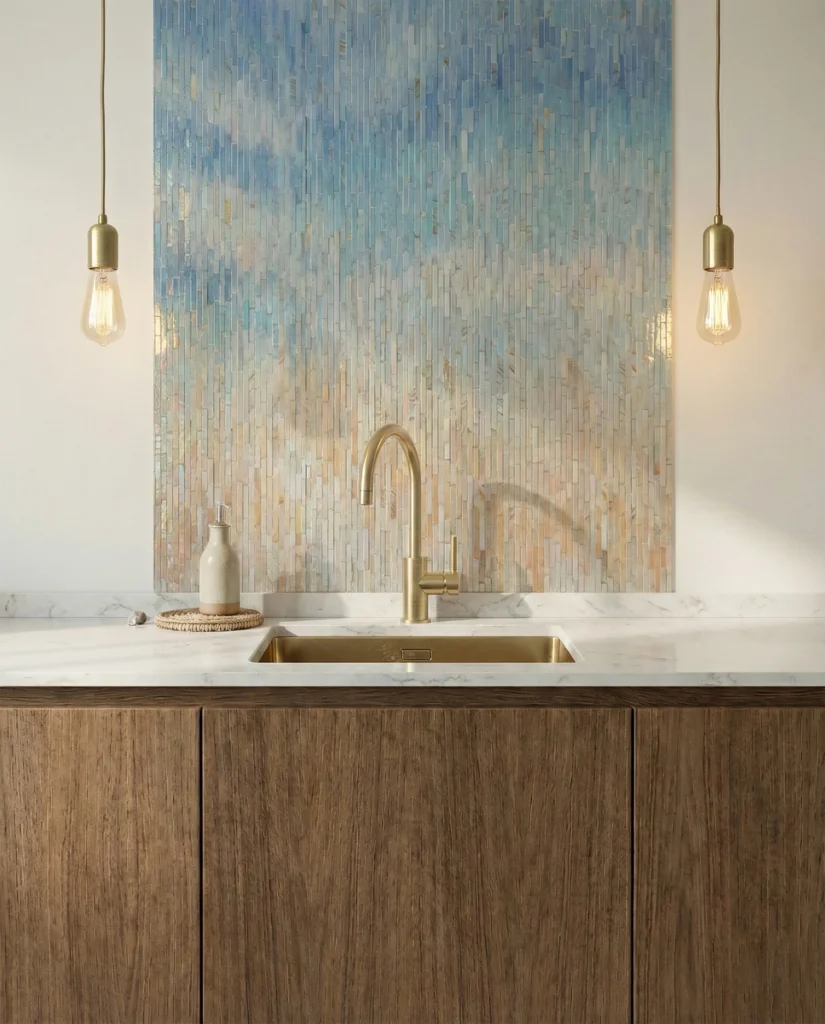 Vertical blue and beige gradient glass mosaic backsplash behind brass faucet in a modern kitchen.