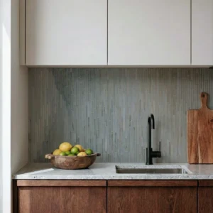 Sage green vertical linear mosaic backsplash behind a modern kitchen sink with wood cabinets.