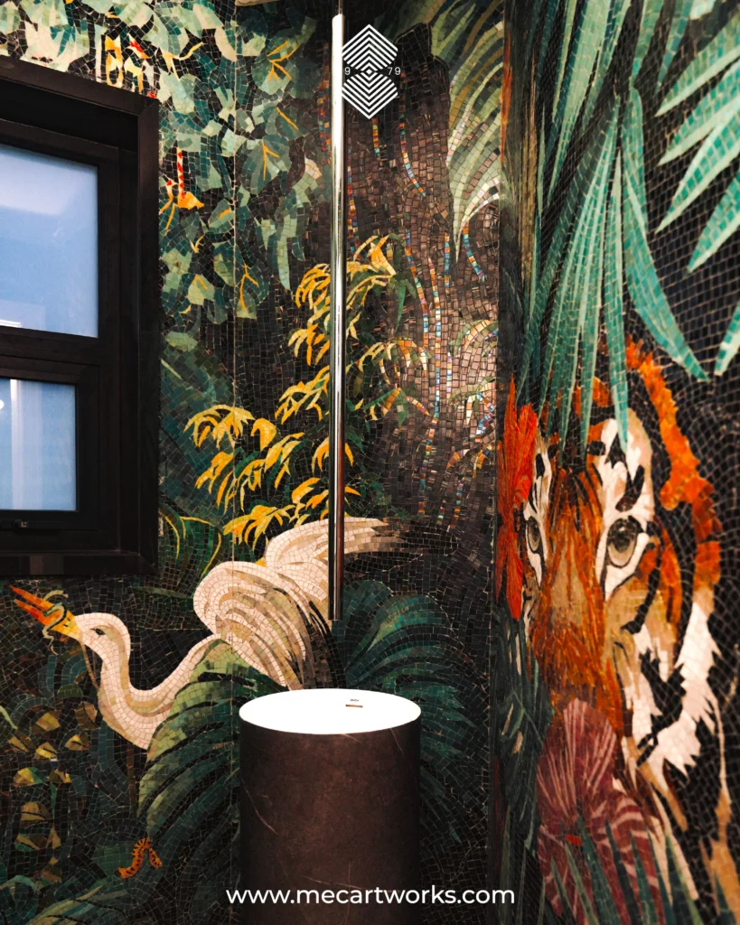 Tiger jungle mosaic mural with tropical foliage and bird in a luxury bathroom setting.