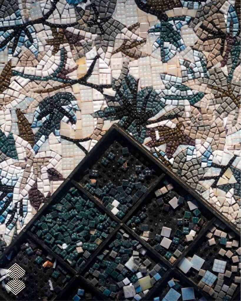 hand-assembled marble and glass mosaics