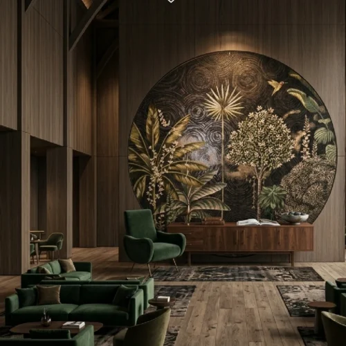 Midnight Garden Round Circular botanical mosaic mural with exotic plants and bird in a luxury wood-paneled living room.