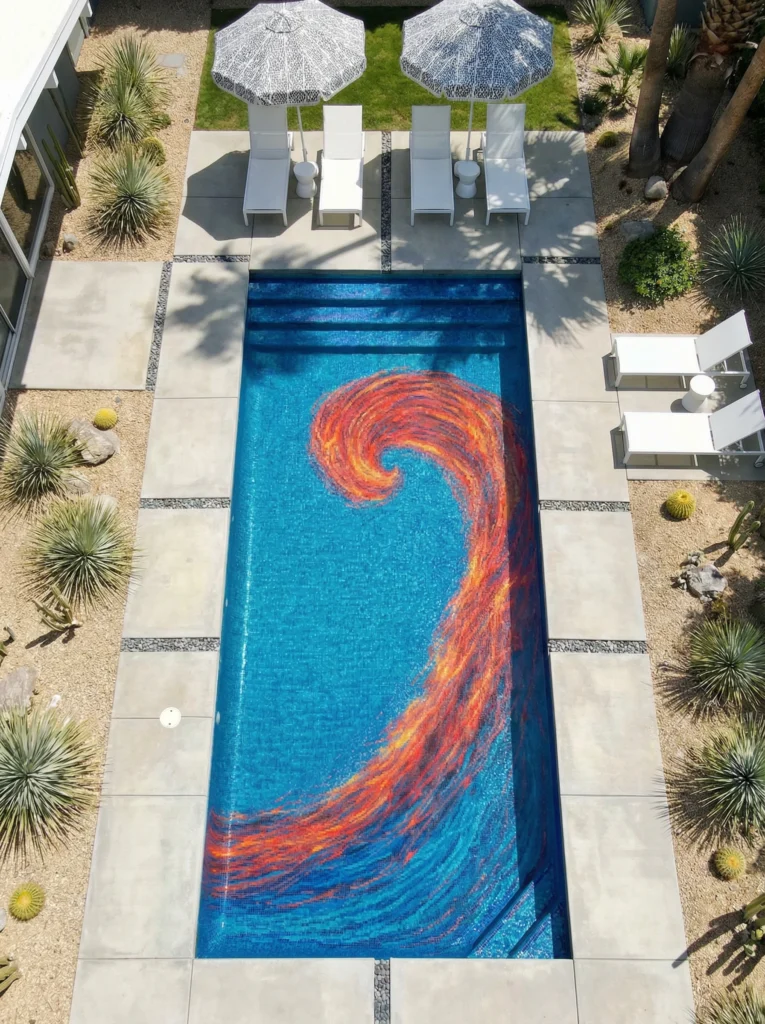 Abstract fiery wave pool mosaic with red and orange swirl on a deep blue background