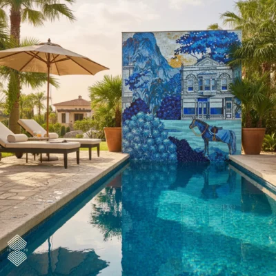 Blue landscape mosaic mural with architectural buildings, trees, and a horse installed beside a luxury pool.