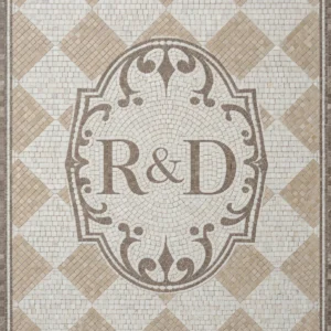 Monogram mosaic tile with R&D initials, crest design, and beige diamond patterned background.