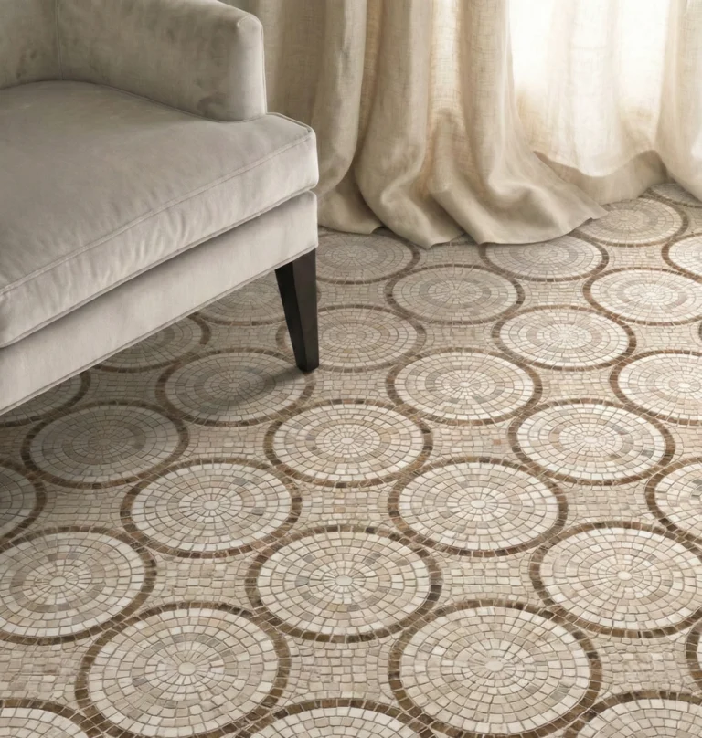 Mosaic floor with repeating circular medallion pattern in warm beige and taupe tones.