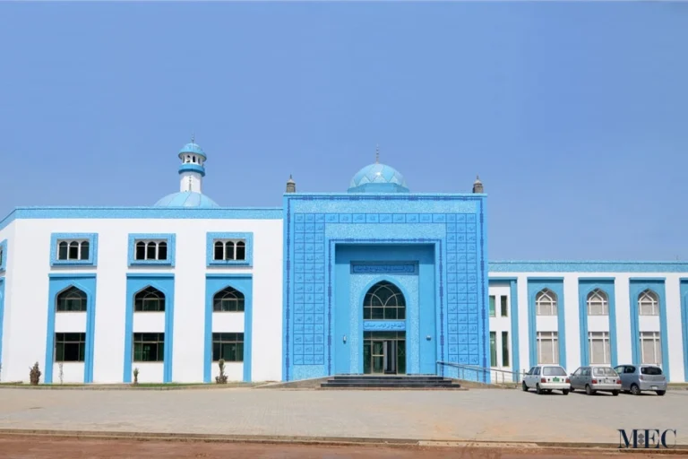 Modern mosque façade with blue geometric mosaic panels, arched entrance and symmetrical architecture reflecting contemporary Islamic design style.