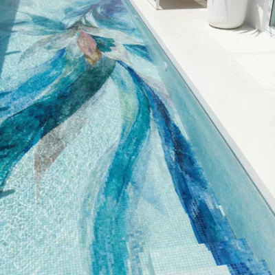 floral pool mosaic with flowing blue tones and soft white petals in a modern luxury setting.