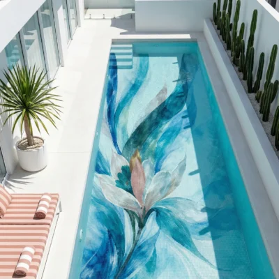 Abstract floral pool mosaic with flowing blue tones and soft white petals in a modern luxury setting.