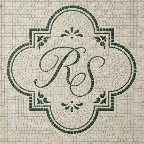 Monogram mosaic tile panel with green initials inside decorative cartouche on ivory background.