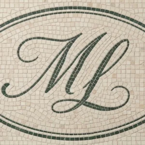 Custom mosaic tile panel with script monogram, “ESTD” and year, framed in decorative cartouche.
