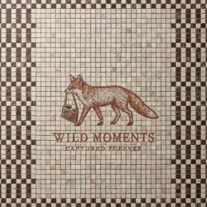 Mosaic tile panel with fox carrying a camera, “Wild Moments Captured Forever” text, and geometric border.