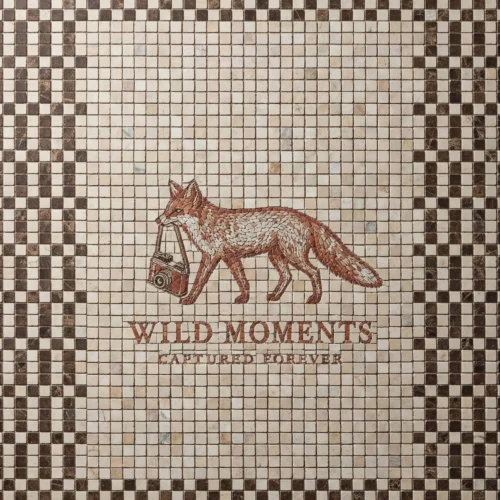 Mosaic tile panel with fox carrying a camera, “Wild Moments Captured Forever” text, and geometric border.