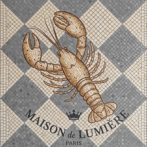Mosaic tile panel with lobster illustration, “Maison de Lumière Paris” text, and diamond-pattern background. Mosaic tile panel with lobster illustration, “Maison de Lumière Paris” text, and diamond-pattern background.