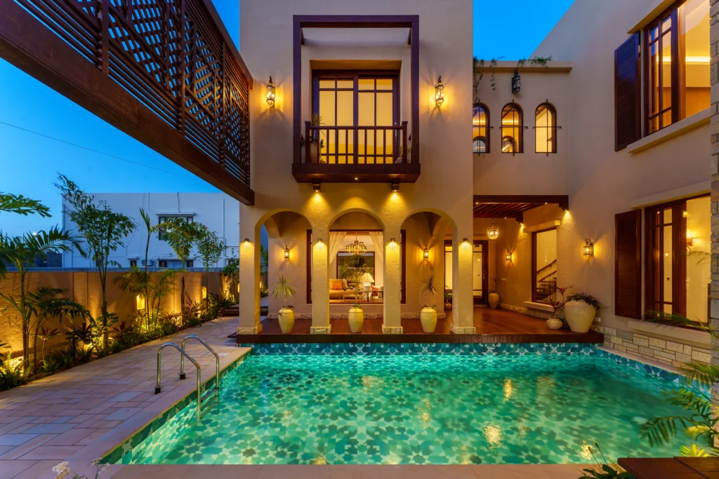 Villa pool mosaic night-time