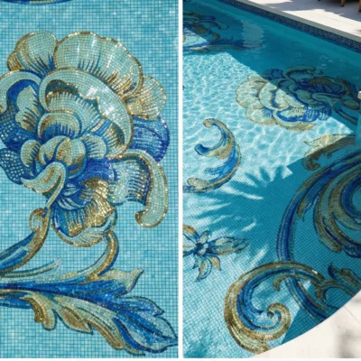 Blue floral mosaic pool design with ornate vines and gold accents in a luxury courtyard setting.