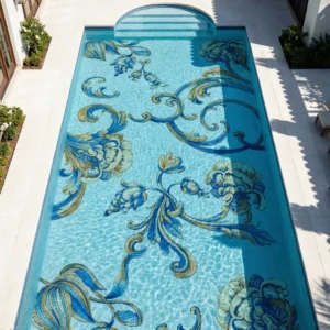Ornamental Blue floral mosaic pool design with ornate vines and gold accents in a luxury courtyard setting.
