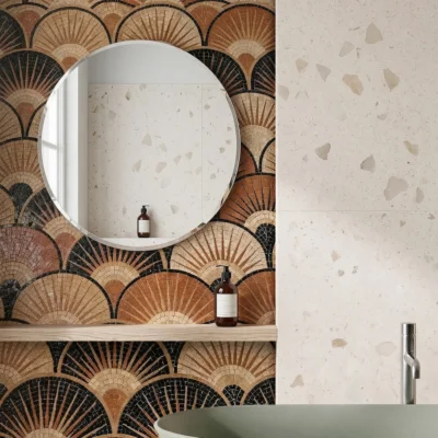 Terracotta and black mosaic wall with repeating fan-shaped Art Deco patterns behind a modern bathroom vanity.