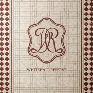 Monogram mosaic tile panel with burgundy initials, geometric border, and ivory background.