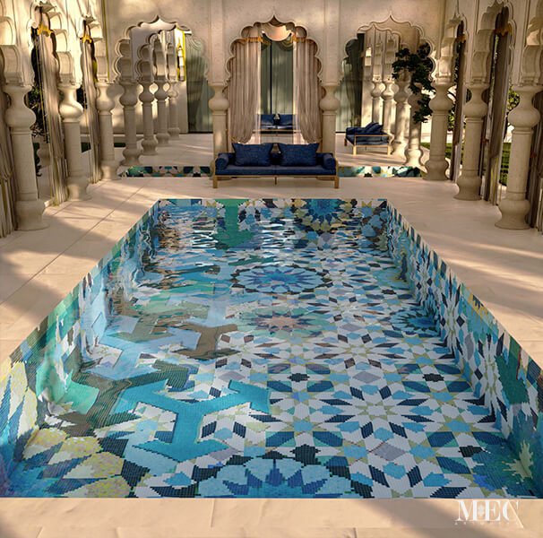 Handcrafted pool waterlines with Islamic motifs in UAE