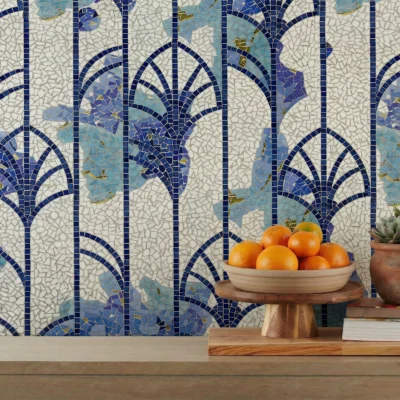 Blue floral mosaic wall with Art Nouveau-inspired patterns in cobalt and aqua tones, ideal for luxury kitchens and interiors.