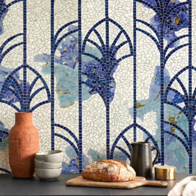 Blue floral mosaic wall with Art Nouveau-inspired patterns in cobalt and aqua tones, ideal for luxury kitchens and interiors.