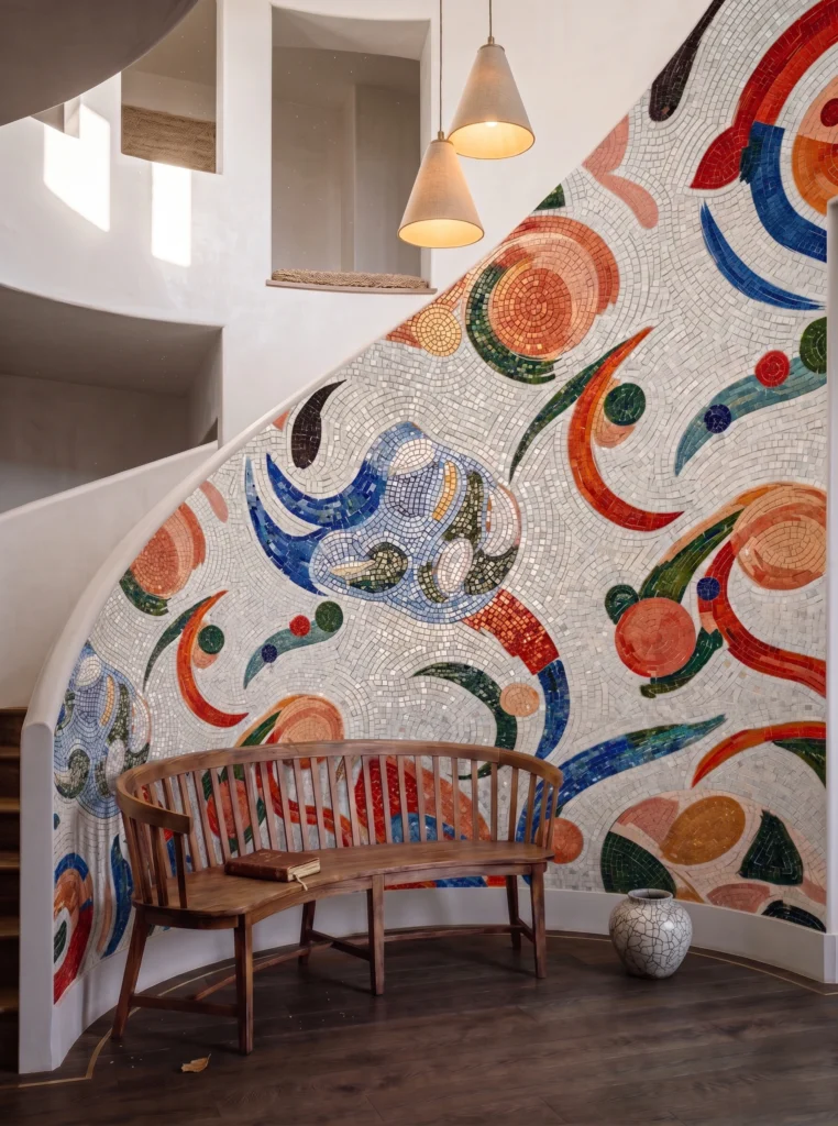 Curved abstract mosaic wall with colorful geometric patterns flowing along a luxury staircase in a contemporary interior.