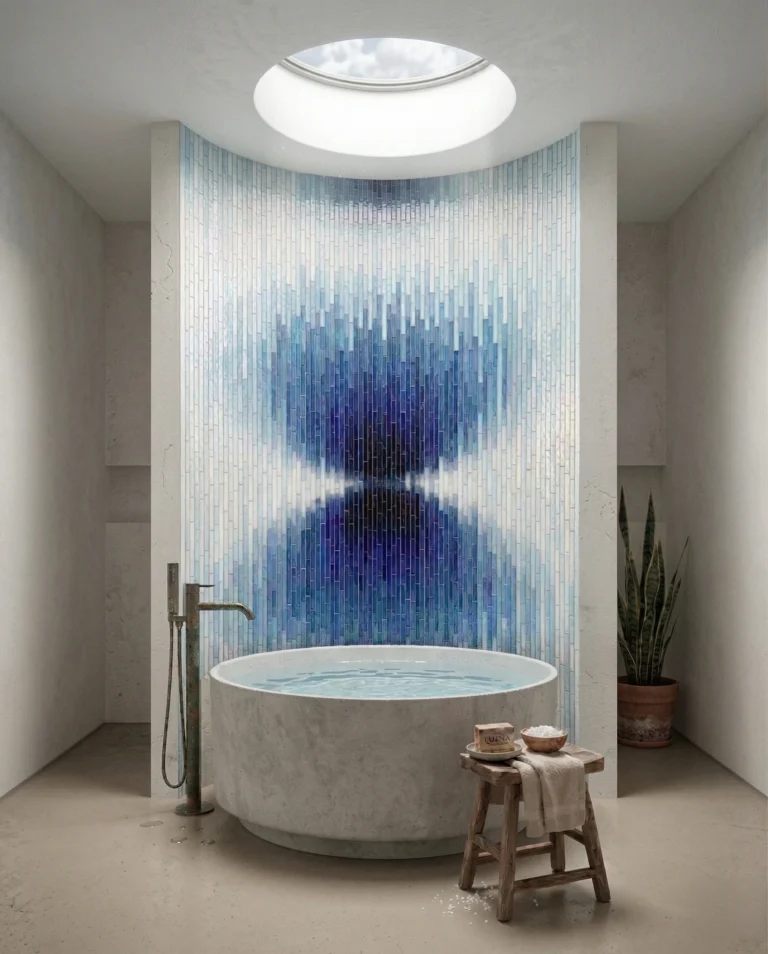 Blue ombre glass mosaic feature wall behind luxury bathtub with celestial gradient design for modern spa bathroom interiors.