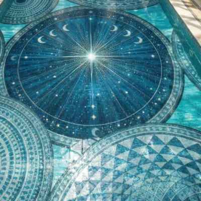 Luxury celestial pool mosaic featuring starburst patterns, moons, cosmic geometry, and layered blue aquatic tesserae.