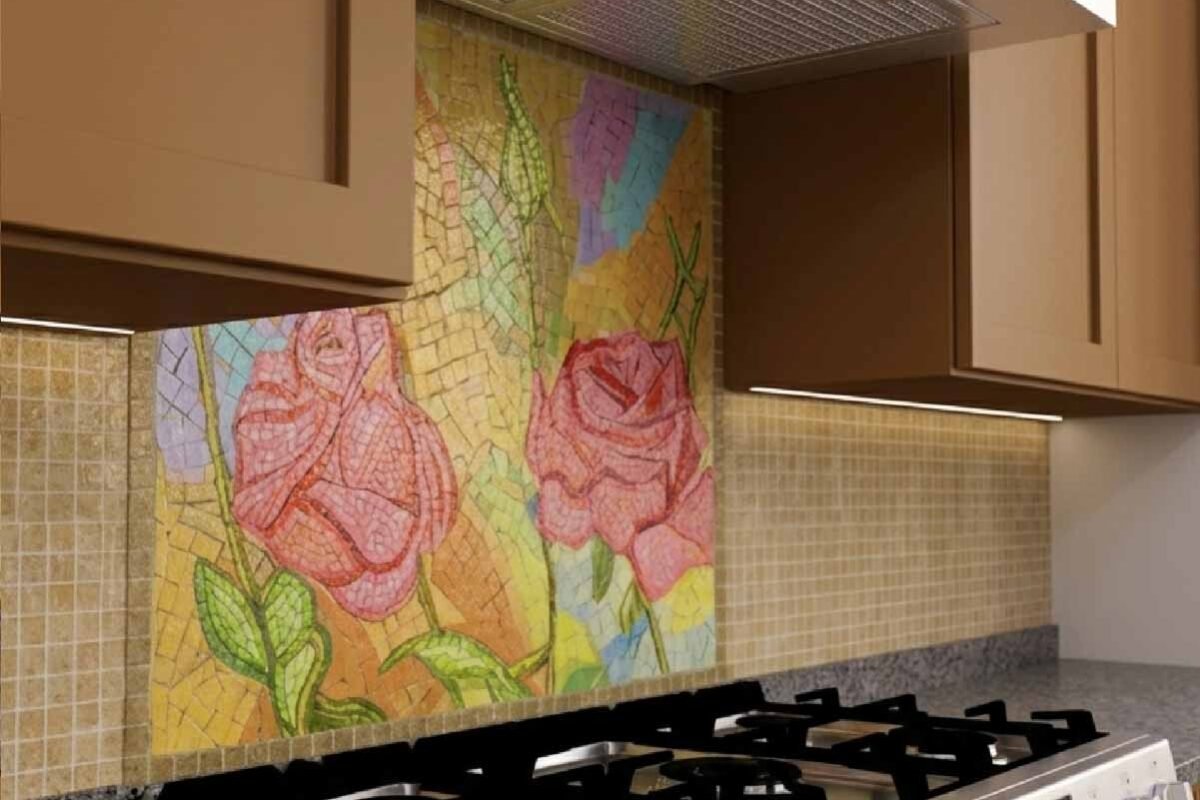Kitchen Backsplash Mosaic Featuring a Colorful Rose