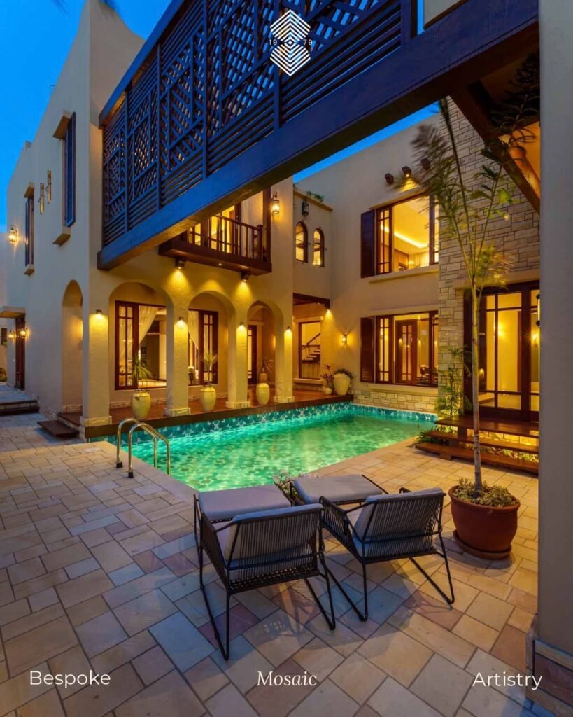 Handcrafted pool waterlines with Islamic motifs
