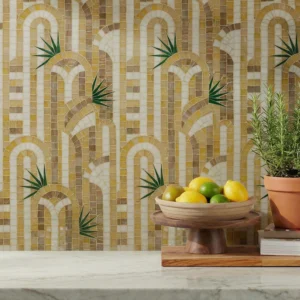 mosaic backsplash with geometric arch patterns in warm beige and gold tones accented by subtle green botanical details.