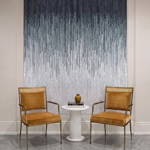 Vertical ombre glass mosaic wall with silver, grey, and charcoal gradient tones creating a luxury modern feature wall design.