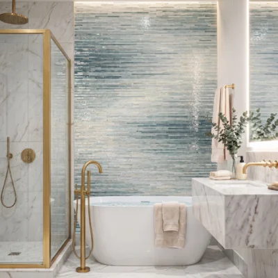 Luxury bathroom with crystal tide glass mosaic wall in silver and aqua tones behind a freestanding bathtub and brass fixtures.