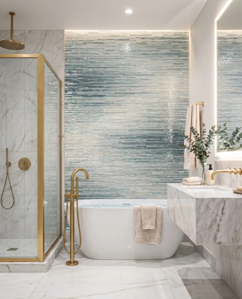 Luxury bathroom with crystal tide glass mosaic wall in silver and aqua tones behind a freestanding bathtub and brass fixtures.