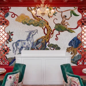 Luxury handcrafted mosaic mural featuring mythical creatures, celestial clouds, and ornate fantasy-inspired storytelling artwork.