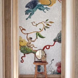 Handcrafted vertical mosaic mural featuring mythical winged creatures, clouds, vines, and artistic fantasy-inspired storytelling motifs.