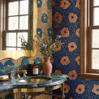 Luxury blue and gold handcrafted mosaic wall featuring abstract floral motifs in an elegant bathroom with brass fixtures and marble vanity.