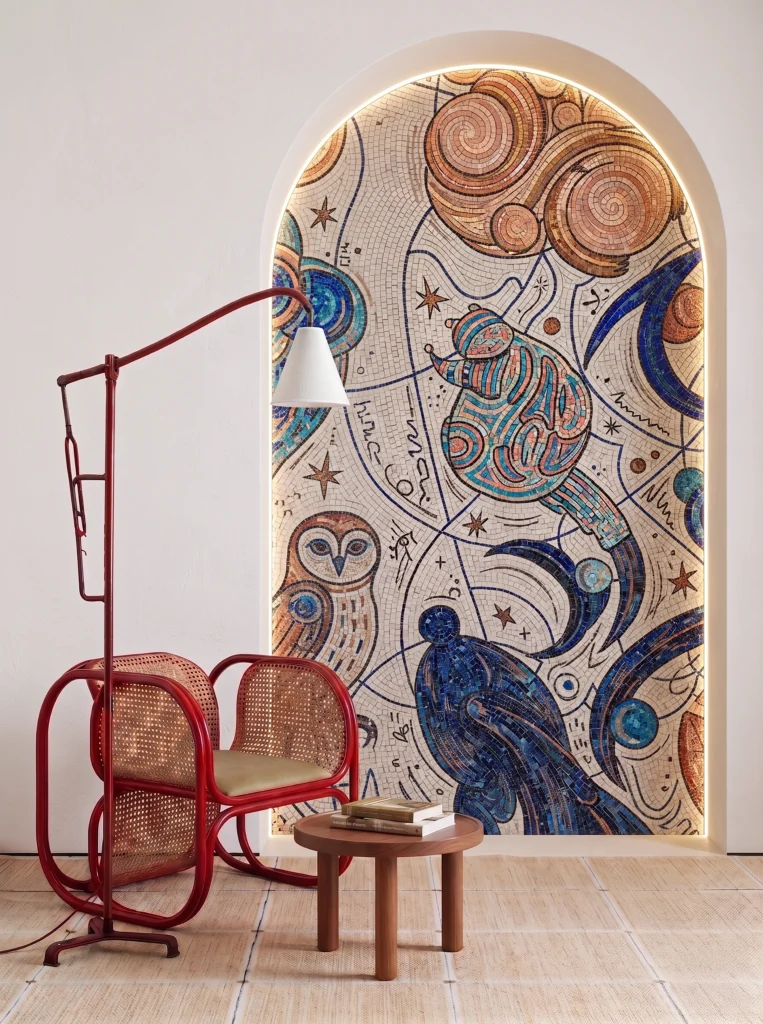Handcrafted celestial mosaic featuring abstract cosmic motifs, stars, birds, and swirling blue patterns within an illuminated arched niche.