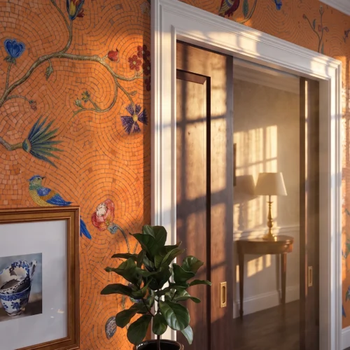 Handcrafted saffron-orange mosaic wall featuring flowering vines, colorful birds, and botanical motifs in an artistic luxury interior.
