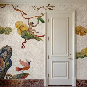 Handcrafted mural mosaic featuring monkeys, birds, clouds, and botanical motifs inspired by Silk Road and mythological artistry.