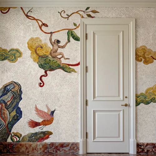 Handcrafted mural mosaic featuring monkeys, birds, clouds, and botanical motifs inspired by Silk Road and mythological artistry.