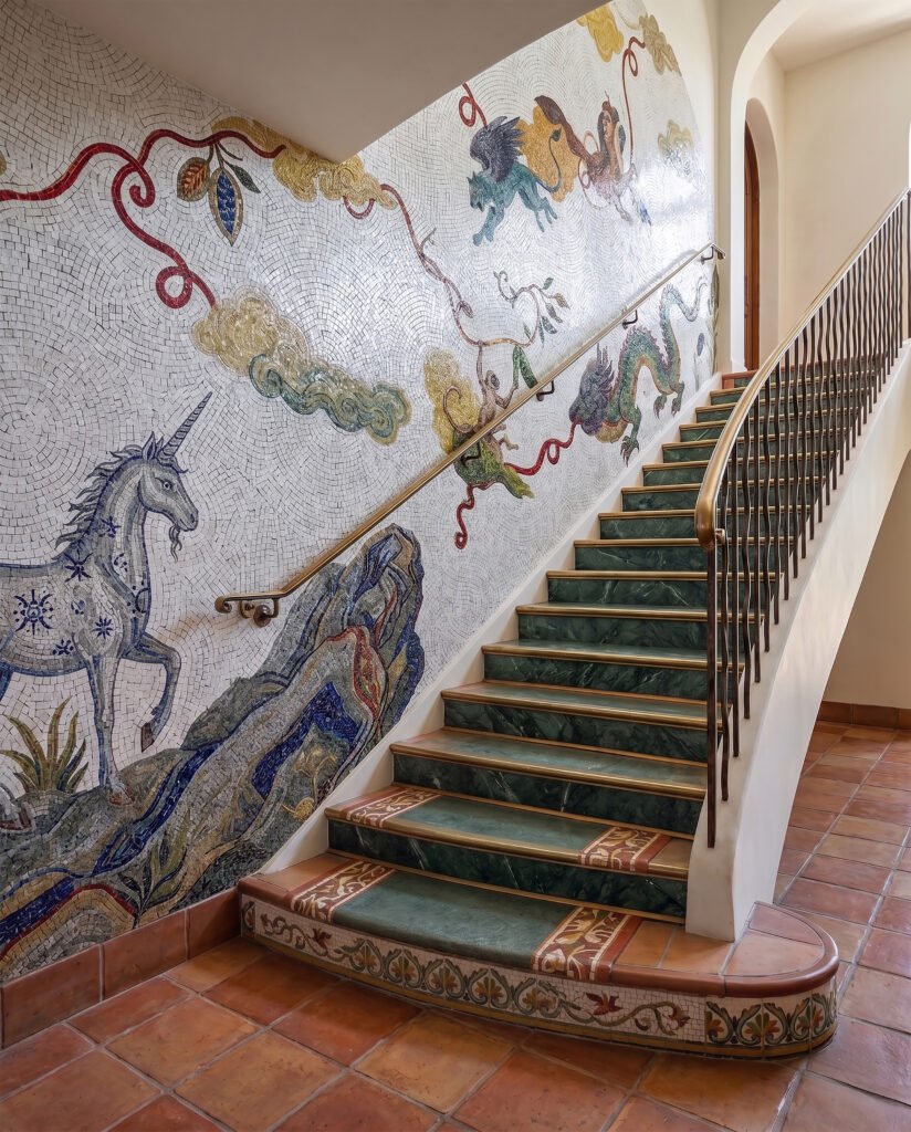 Hand-cut stone art for staircase wall
