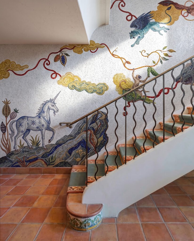 Custom mythical creature wall art in glass mosaic tiles