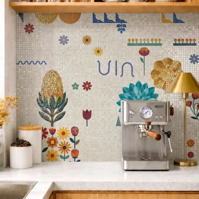 Handcrafted mosaic featuring colorful flowers, geometric motifs, and botanical elements in vibrant blue, gold, red, and green tones.