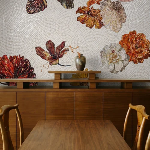 Handcrafted floral mosaic wall art featuring blooming flowers and petals in auburn, ivory, amber, and terracotta tones.